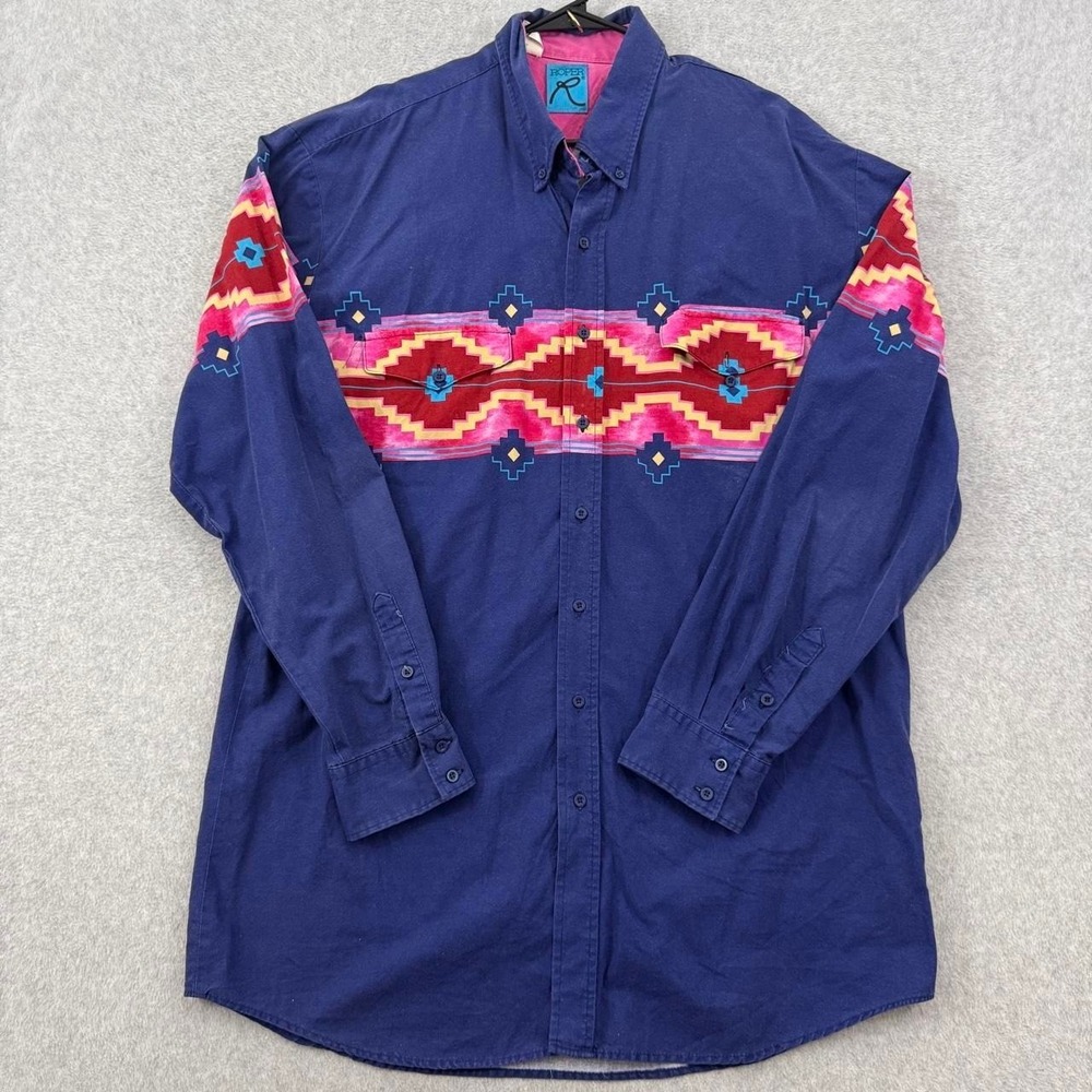 Vintage Roper Shirt Mens 2XLT Tall Blue Aztec Print Western Southwest Cowboy USA